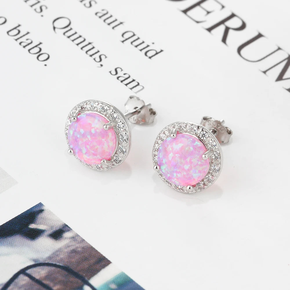 Sterling Silver Stud Earrings Round Opal Earrings with Cubic Zirconia