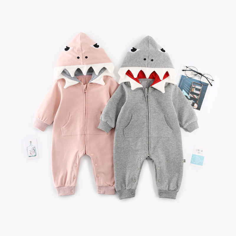 Cartoon Shark Baby One Piece Long Sleeve Hooded Baby Romper