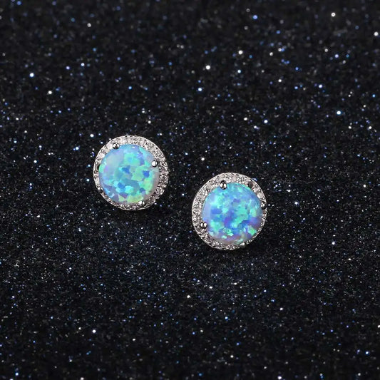 Sterling Silver Stud Earrings Round Opal Earrings with Cubic Zirconia