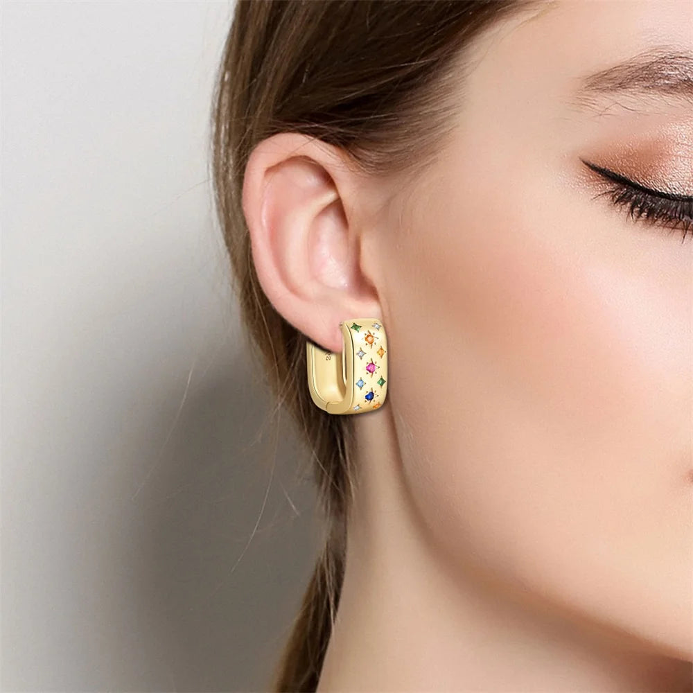 Retro Sterling Silver Colored Gold Square Hoop Earrings