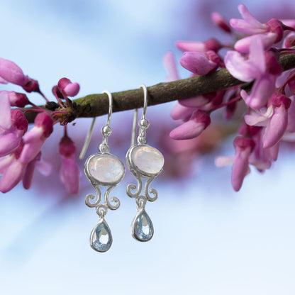 Rainbow Moonstone and Blue Topaz Drop Earrings