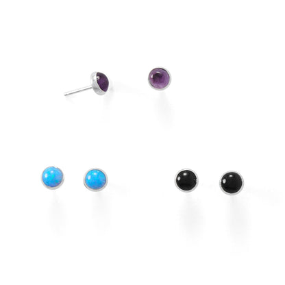 Set of 3 Synthetic Blue Opal, Amethyst, and Black Onyx Button Studs