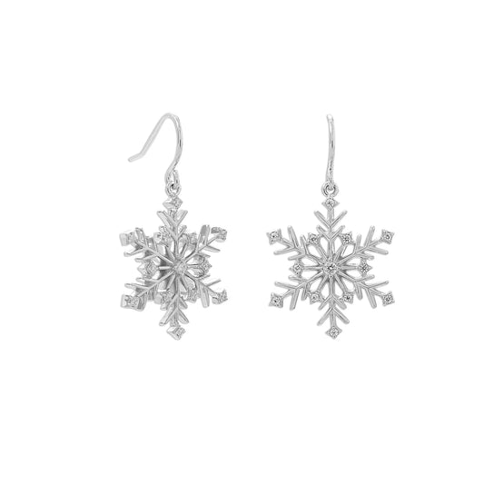 Rhodium Plated 6 Point CZ Snowflake French Wire Earrings