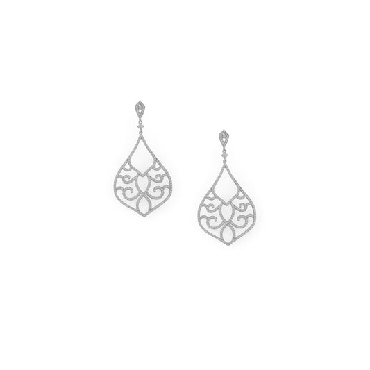 Rhodium Plated Ornate CZ Raindrop Post Earrings